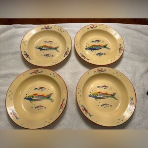 (4) April Cornell 10” Metal Bowls Multi Color Fish  Rn 77578